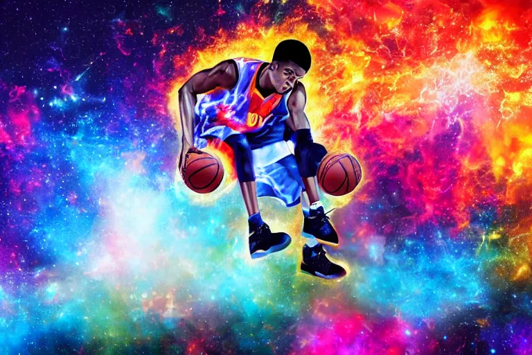 Prompt: street art basketball players vivid colors, sketchers, nebula and fire background hd high details