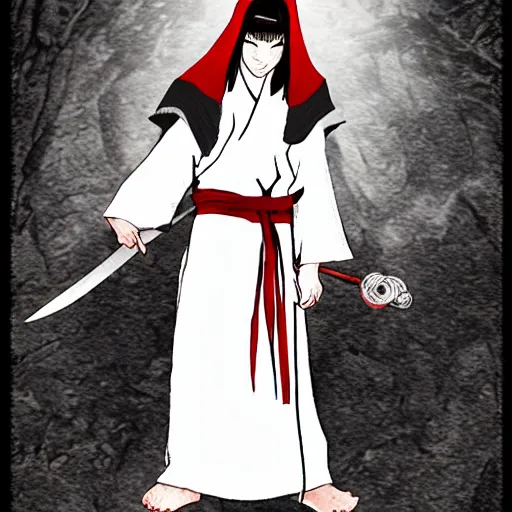 Image similar to samarai cloaked in white with swords, standing in light beam of a dark cave, ruby red sorrow, high quality, ultra detail