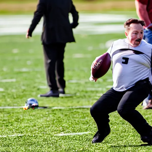 Image similar to elon musk taking a bite out of a football, highly detailed, extremely high quality, hd, 4 k, 8 k, canon 3 0 0 mm, professional photographer, 4 0 mp, lifelike, top - rated, award winning, realistic, detailed lighting, detailed shadows, sharp, no blur, edited, corrected, trending