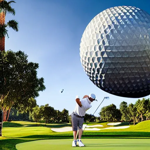 Image similar to a giant playing golf using epcot as the ball in real life, highly detailed, extremely high resolution, ultra realistic