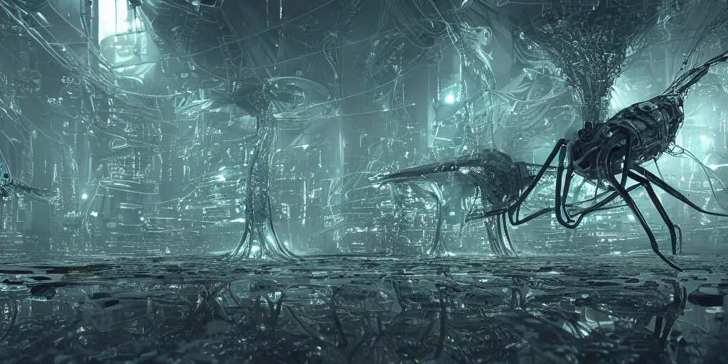 Image similar to photoreal hyper detailed epic story dramatic scene mechanical futuristic mantis robotic cyberpunk mainframe mind-blowing epic microcircuitry cybernetic fantastical beings dancing reflective logic circuits robot metallic outerworldly creatures, floating phytoplankton-diatom robot jellyfish, against a multidimensional multiverse background, bizarre hard electronic transparent hive mind, 8k octane render, unreal engine 5, extremely intricate high detail, 8K detail post processing, path based unbiased rendering, moody lighting rendered by octane engine