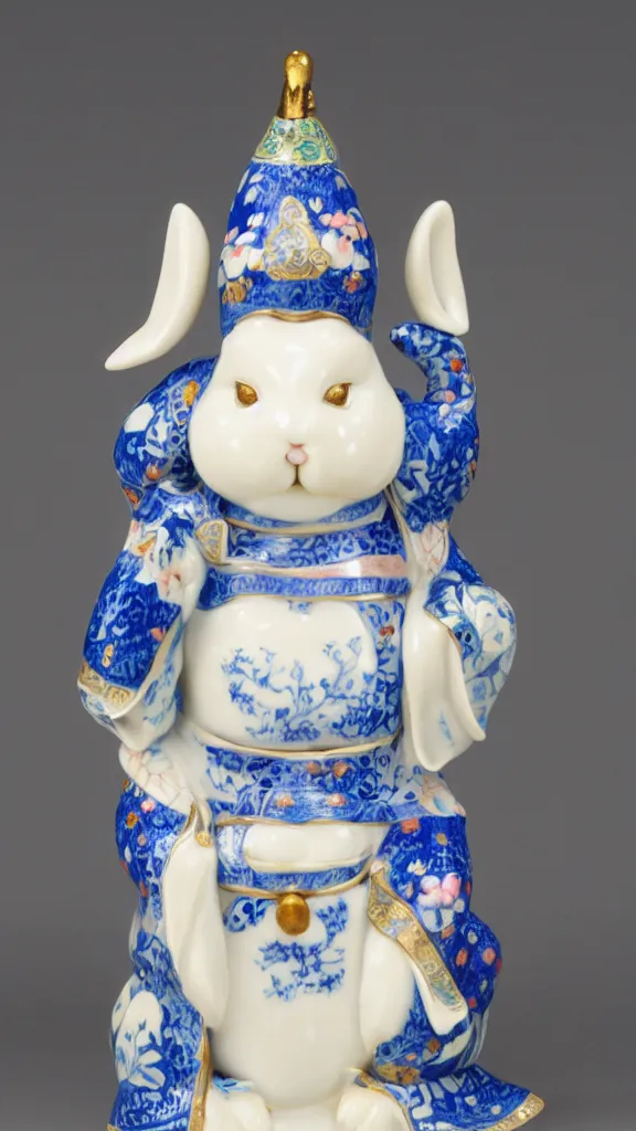 Prompt: porcelain rabbit head budda statue with blue arabesque details get a japanese kiseru in her hand painted by john singer sargent