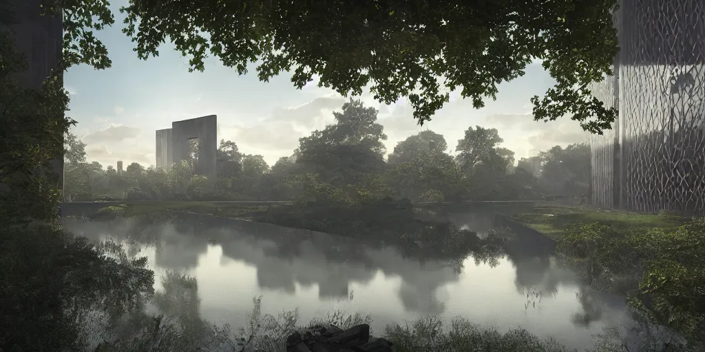 Image similar to an extremely detailed cathedral of brutalist architecture, surrounded by lush green forest, ponds of water, stunning volumetric lighting, sunset, rusted steel, smooth concrete, stunning skies, trending on Artstation, 8k, photorealistic, hyper detailed, unreal engine 5, IMAX quality, cinematic, epic lighting, in the style of Greg Rutkowski