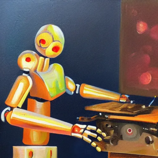 Image similar to A beautiful oil painting of a robot painting an oil painting