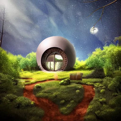 Prompt: round sci-fi building in a forested valley with birds, sense of hope, daytime, bright sky, digital art, art station, extremely detailed