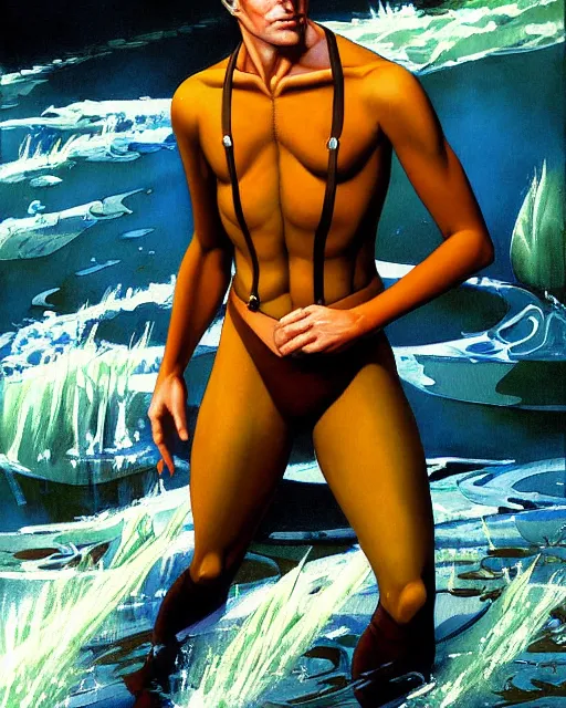 Image similar to a painting of a beautiful man in the river, an ultrafine detailed painting by howard chaykin, by mark brooks, centered full body, featured on deviantart, fantasy art, detailed painting, deviantart, anime