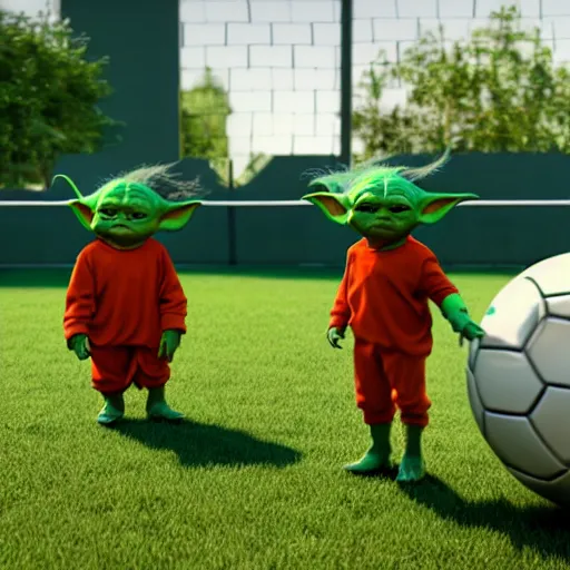 Image similar to baby yoda coaches a soccer team of oompa loompas, lucasfilm, realistic render, trending on artstation, octane render, unreal engine
