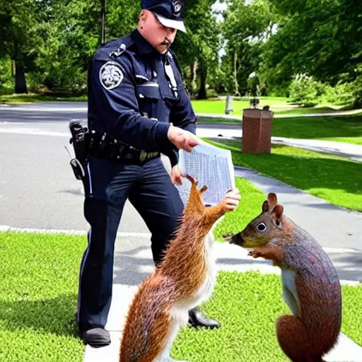 Image similar to a dog-cop ticketing a squirrel with a fine for speeding