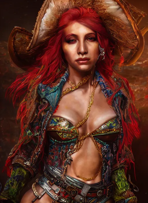 Image similar to realistic full body concept art illustration oil painting of a beautiful woman pirate in insanely detailed and intricately colored clothing, octane render, sss, postprocessing, 4k, cinematic lighting