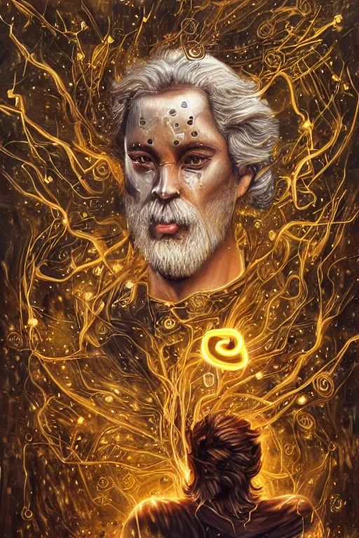 Image similar to mythological odin all father supreme God of thunder and artificial intelligence creating himself with an artificial neural network with gold synapses on an anvil with a hammer, high resolution, award winning art, trending on art station, sharp image, incredibly detailed, detailed character realistic painting