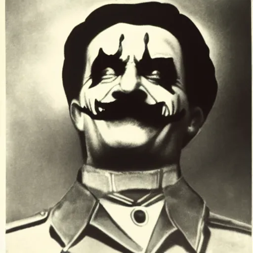 Prompt: a stylized black and white photograph of stalin dressed as the joker