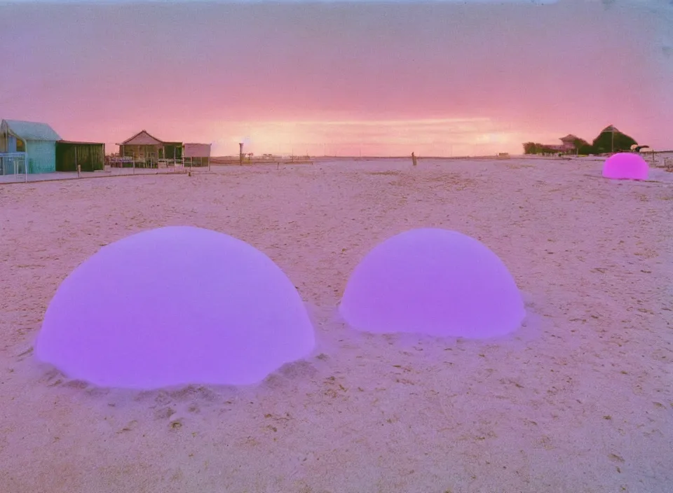 Prompt: a pastel coloured vintage family holiday photo of an empty beach from an alien dreamstate world with chalky pink iridescent!! sand, reflective lavender ocean water, dim bioluminescent plant life and an igloo shaped shiny plastic festival stage and large sound system with transparent frosted panels!! glare. refraction, volumetric light.