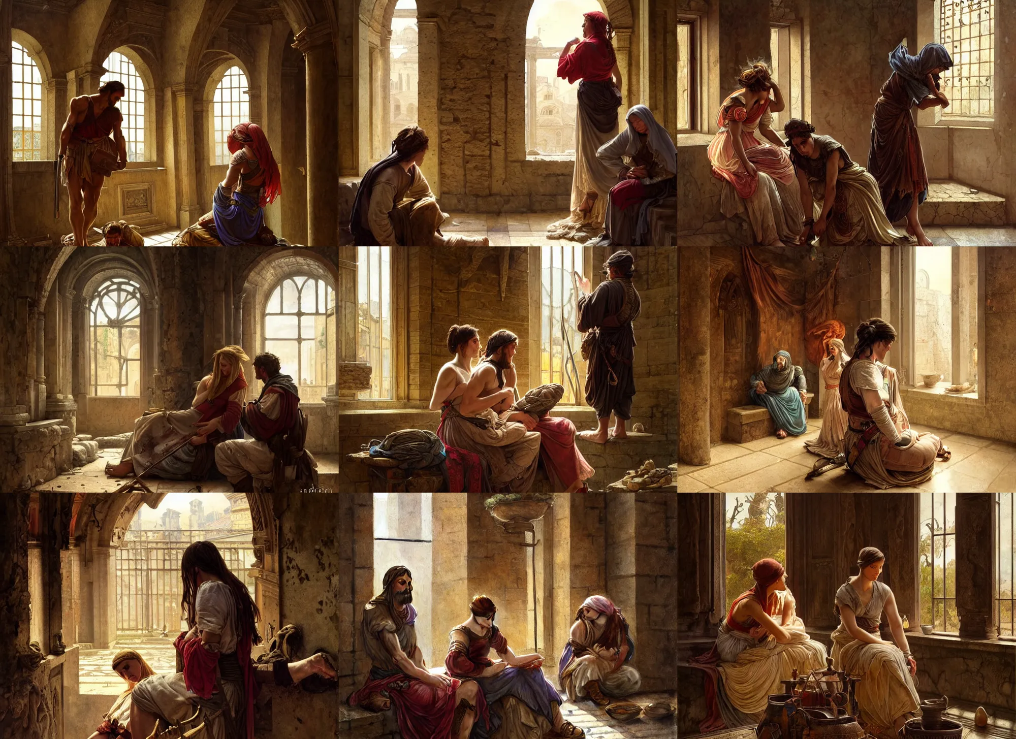 Prompt: two tramps in roman interior, emotional sad painting, very poor, medieval peasants, fantasy, cruel, dramatic lighting, intricate, wild, highly detailed, digital painting, artstation, concept art, smooth, sharp focus, illustration, art by artgerm and greg rutkowski and alphonse mucha