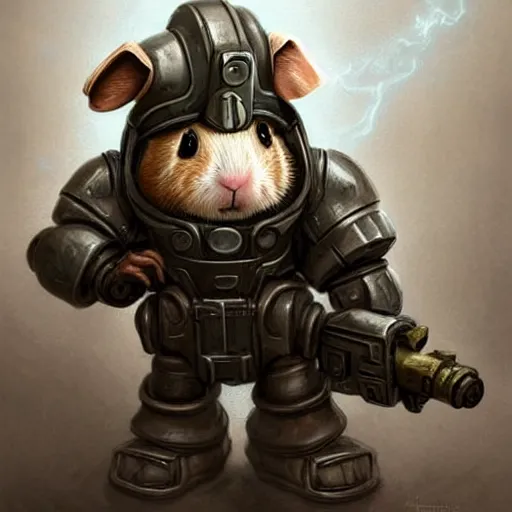 Image similar to cute little anthropomorphic Guinea Pig using Power Armour from Fallout 4, ultra wide lens shot , tiny, small, short, cute and adorable, pretty, beautiful, DnD character art portrait, matte fantasy painting, DeviantArt Artstation, by Jason Felix by Steve Argyle by Tyler Jacobson by Peter Mohrbacher, cinematic lighting