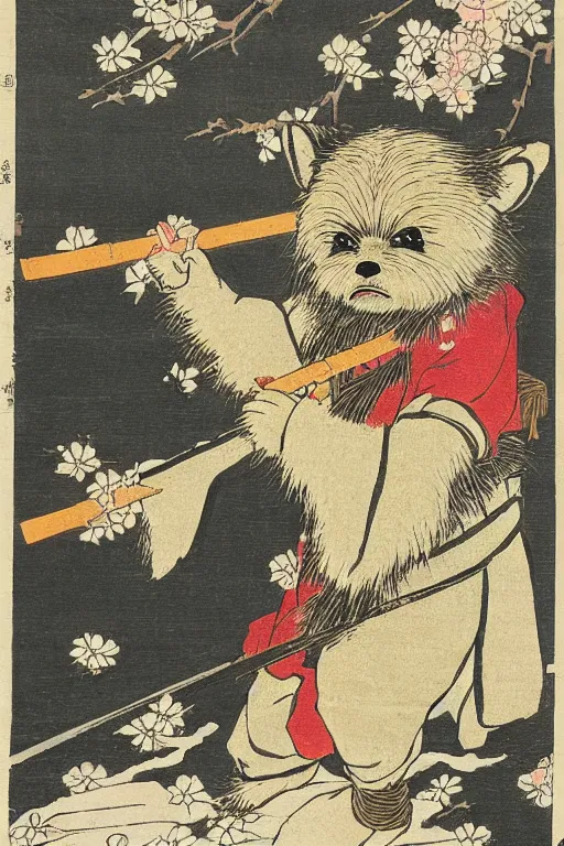 Image similar to Japanese woodblock print of Wicket the Ewok holding a samurai sword , cherry blossom, Hokusai