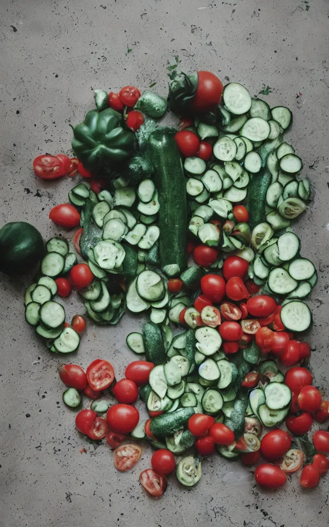Prompt: a tomato surrounded by cucumbers threatening it with machine guns, 24 mm, 1.4, kodak portra 400