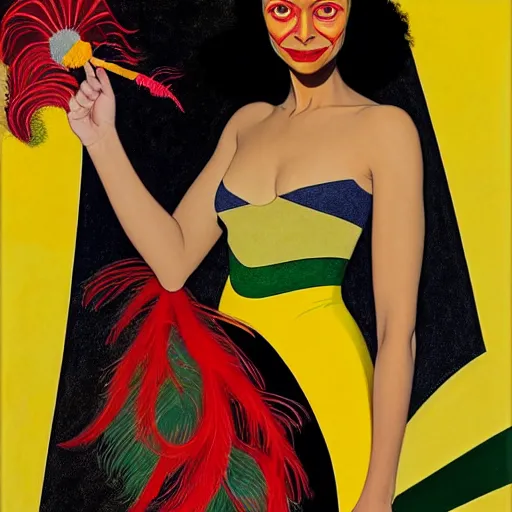 Image similar to art by joshua middleton, a medium shot portrait of the golden creeper, a tall manically smiling yellow - skinned woman with green and black striped cycling shorts and wearing a long red and black striped ostrich feather boa, the actress thandie newton, yellow makeup, mucha, kandinsky, poster, art deco motifs, comic art, stylised design, scarlet feather boa