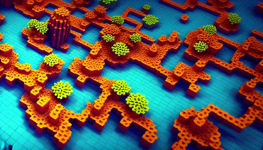 Prompt: voxel art steampunk coral reef, octane render, high detail, trending on artstation, high quality wallpaper