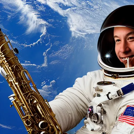 Image similar to astronaut using a saxophone in space, hd, earth, realistic, detailed, award winning image