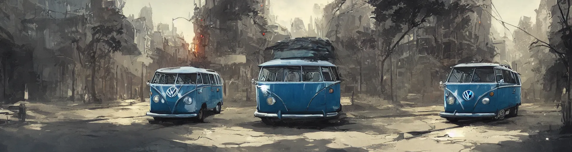 Prompt: vw bus on a street, illustration by greg rutkowski