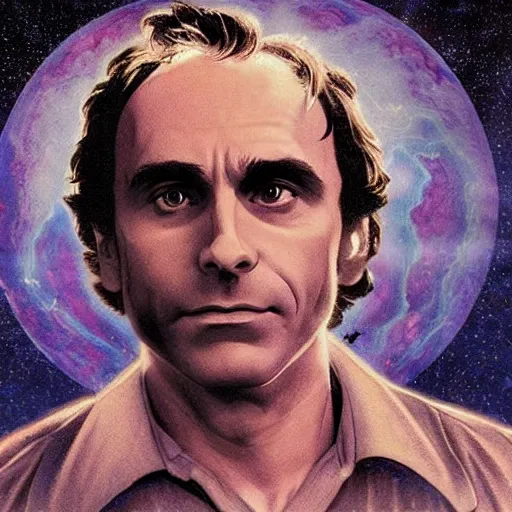 Image similar to the image of ted bundy with outstretched arms between the moon and the sun and a thousand stars ultra realistic, concept art, intricate details, serious, highly detailed, photorealistic, octane render, 8 k, unreal engine, art by todd mcfarlane and artgerm and greg rutkowski and alphonse mucha