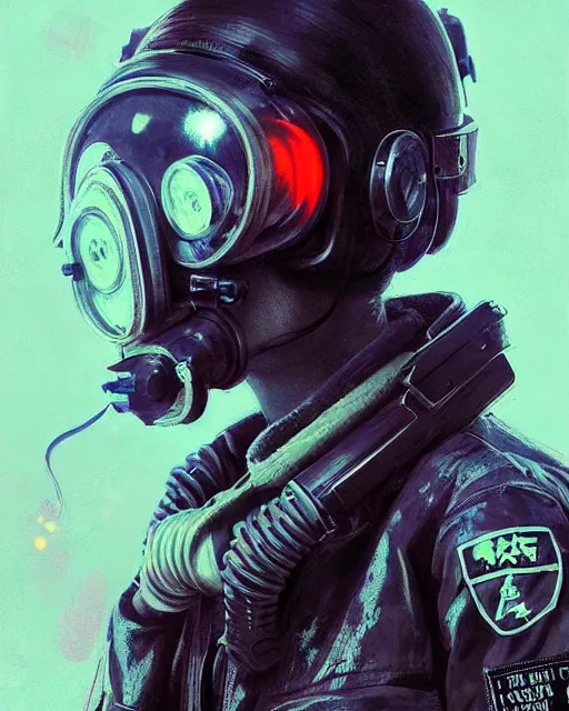 Image similar to detailed portrait neon female swat officer, cyberpunk futuristic, neon, gas mask, reflective puffy coat, decorated with traditional japanese by ismail inceoglu dragan bibin hans thoma greg rutkowski alexandros pyromallis nekro rene margitte, illustrated, perfect face, fine details, realistic shaded, fine - face, pretty face