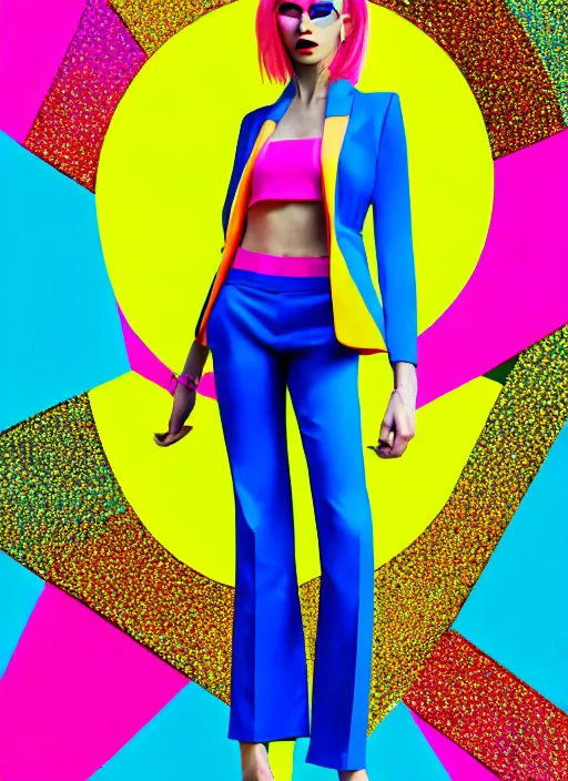 Image similar to bright trouser suit for a rave, bright colors, many details, prints, photo for a magazine, photo for a store, fashion photography, Vogue, 135 mm, cinematic, hyper realism, high detail, 8k, Two models in the frame, dynamic pose,Smooth skin, perfect face, people