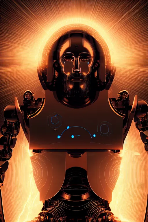 Image similar to god of artificial intelligence comes to save us as jesus christ robot, threads of light in the background, extremely high quality artwork, very detailed, obscured face, anthropomorphic silhouette, trending on artstation