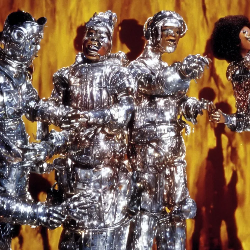 Prompt: a still from the movie the wiz the movie, futuristic cyborg tin man, happy singing & dancing, 4 k, highly detailed, award winning, look at all that detail!