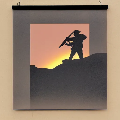 Prompt: transparent siluette of a outlaw pointing a gun. serigraph. screen - printed on top of a photograph. sun - bleached highlights. sanded surface with scratches soft colors