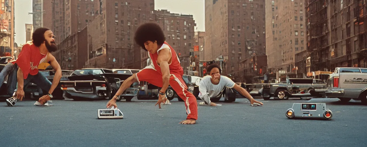 Image similar to 1 9 8 0's breakdancing next to a boombox made of spaghetti nyc, afternoon light, detailed, canon 2 0 mm, wes anderson, kodachrome