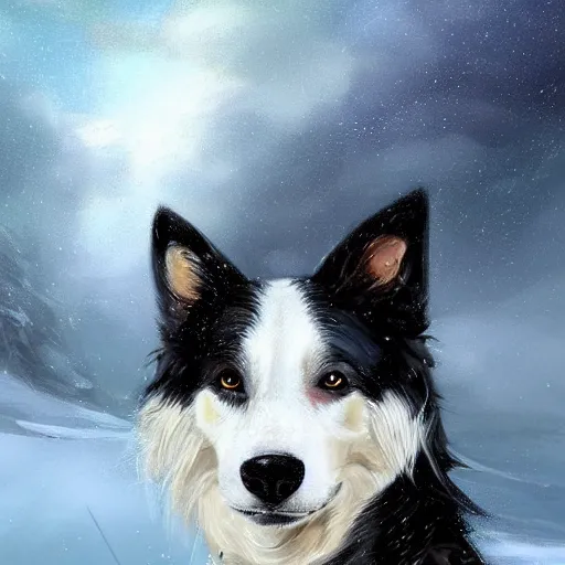 Image similar to beautiful portrait of a cute male anthropomorphic border collie fursona wearing a blue cowboy outfit in a tundra. character design by charlie bowater, henry asencio, and ross tran. scenic background, detailed, glamor pose, aesthetic, trending on artstation, top rated on furaffinity and deviantart