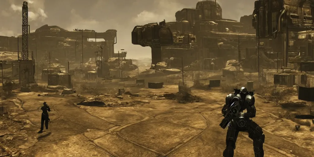 Prompt: patrol of brotherhood of steel from fallout : new vegas game ahead of large bunker gate