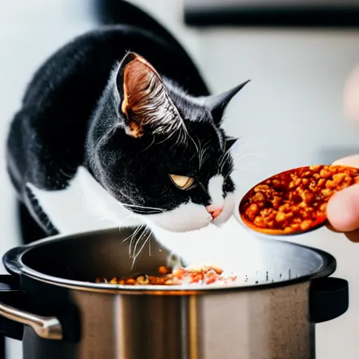 Image similar to photo of black and white exotic shorthair cat cooking a pot of chili in a modern kitchen