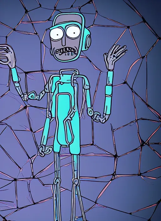 Prompt: an artificial intelligence in a robot short circuiting trying to figure how hands look, rick and morty art style illustration