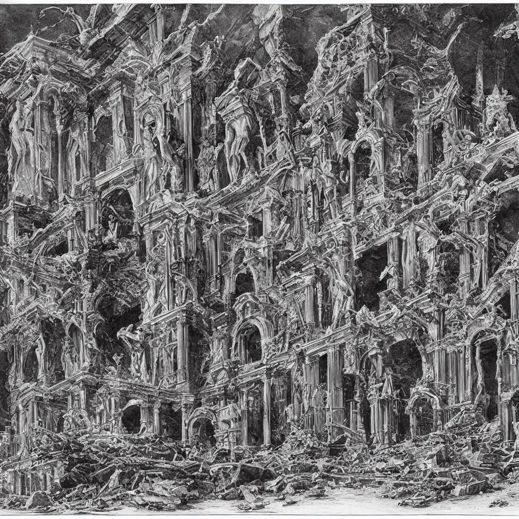 Image similar to extremely detailed illustration by bernie wrightson of a destroyed panteon with 7 statues of extint forgotten gods