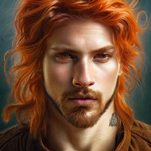 Image similar to portrait of a tiger with a humanoid face, male, handsome, masculine, full body, red hair, long hair, soft hair, fantasy, intricate, elegant, highly detailed, suit, coffee shop, digital painting, artstation, concept art, character art, smooth, sharp focus, illustration, art by artgerm and greg rutkowski and alphonse mucha