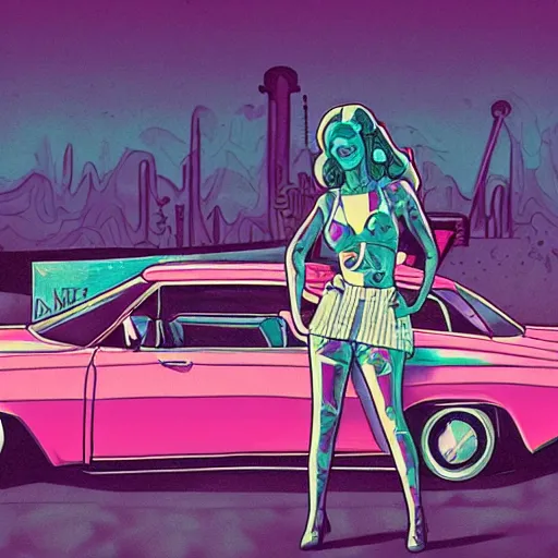 Image similar to a colorfully detailed comic noir style illustration of a tattooed woman posing next to a pink Cadillac in a post-apocalyptic desert by queens of the stone age and sachin teng, dark vibes, street art, cinematic, high contrast, depth of field