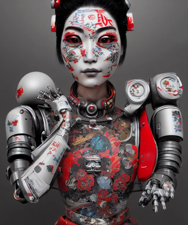 Image similar to an epic fantastic realism comic book style portrait painting of a japanese robotic geisha with kanji tattoos and decals, apex legends, octane render, intricate detail, 4 k hd, unreal engine 5