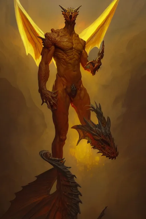 Prompt: full figure antrophomorphic male dragon, frontal view, no wings, luminous scene, by greg rutkowski and alphonse mucha, d & d character, gradient yellow to red, in hell, highly detailed portrait, digital painting, artstation, concept art, smooth, sharp focus illustration, artstation hq