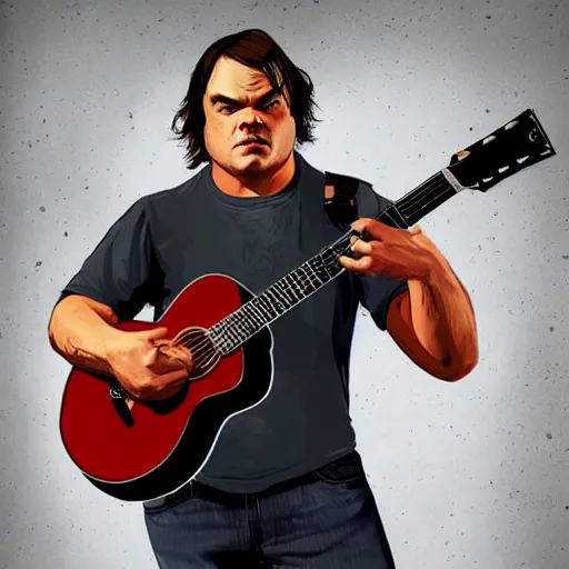 Prompt: jack black portrait with a guitar in gta v cover art, hyper realistic, highly detailed