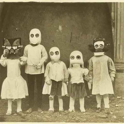 Prompt: portrait of children wearing masks, photograph, style of atget, 1 9 1 0, creepy, dark