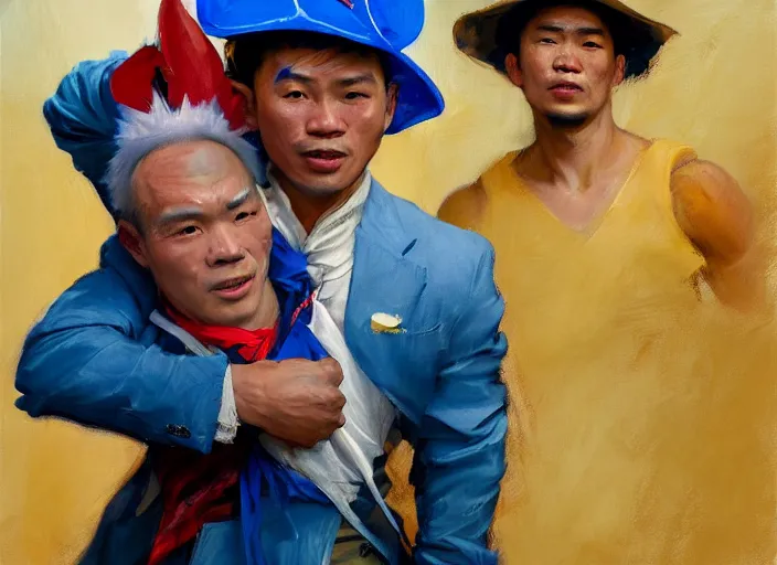 Prompt: greg manchess portrait of a filipino fighter wearing a jester hat victorious holding a man in a blue suit over his head, organic painting, sunny day, matte painting, bold shapes, hard edges, street art, trending on artstation, by huang guangjian, gil elvgren, ruan jia, randy vargas, greg rutkowski