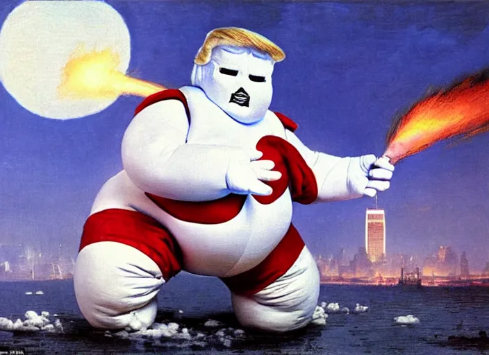 Image similar to donald trump dressed as the stay puft marshmallow man, destroying new york, matte painting, by isaac levitan and asher brown durand,
