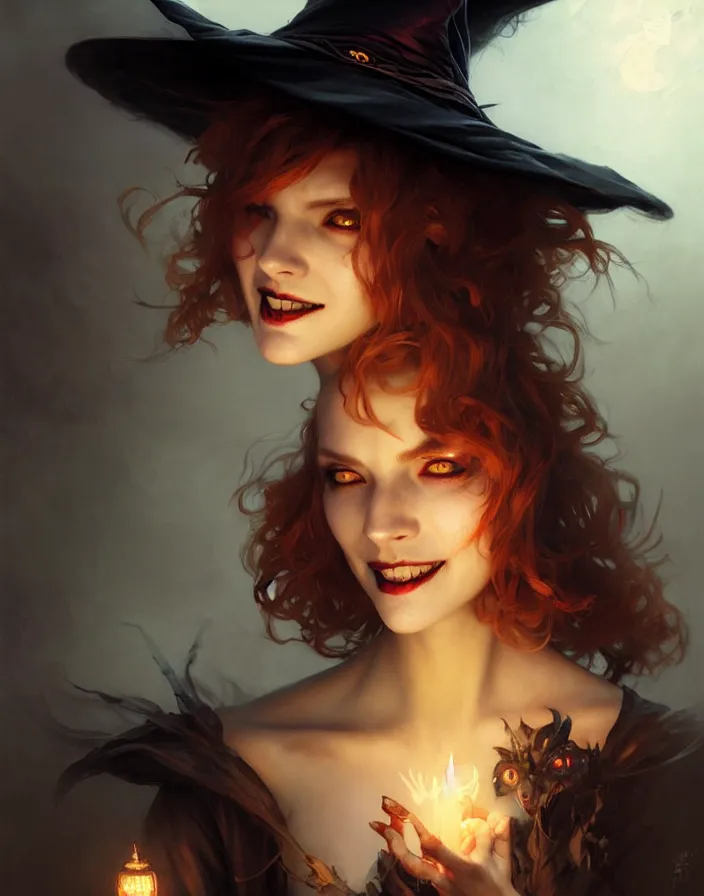 Image similar to halloween witch woman in a hat smiles, fantasy magic by ruan jia, undercut hairstyle, dark light night, intricate, elegant, sharp focus, illustration, highly detailed, digital painting, concept art, matte, art by wlop and artgerm and greg rutkowski and alphonse mucha, masterpiece