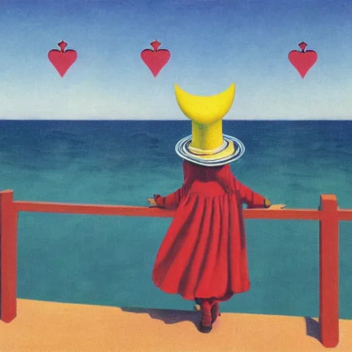 Image similar to A girl with jester hat and clothes on the front of a Balustrade with a beach on the background, major arcana cards, by Rene Magritte, hyperrealistic