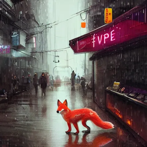 Image similar to white - furred anthropomorphic female vulpes vulpes fulva, eating noodles, in the rain by a noodle kiosk, in crowded and wet street of a city, cyberpunk, harsh neon lights, highly detailed, digital painting, trending on artstation, concept art, sharp focus, illustration, art by artgerm and greg rutkowski and magali villeneuve