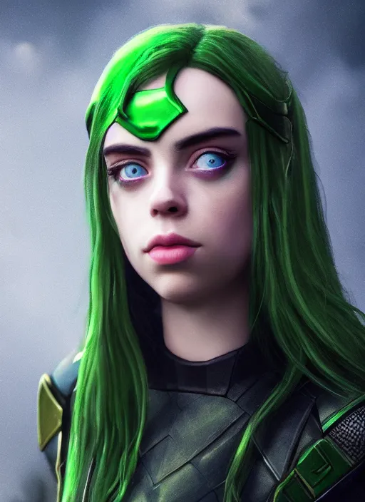 Image similar to billie eilish as female loki by Nixeu, Ian Sprigger, WLOP, Sakimichan, trending on artstation, hyper realistic, smooth octane render