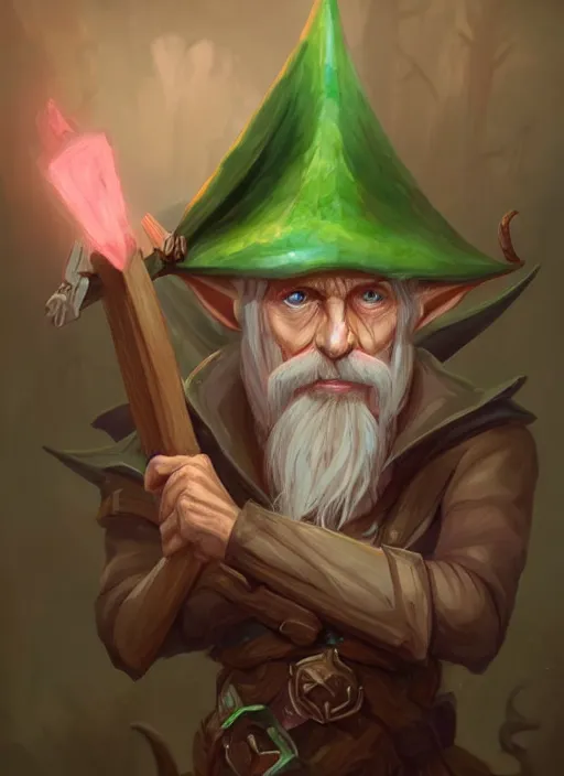 Image similar to old male wood elf hermit, has short straight white hair and green eyes, rough pink skin, lean build, triangular cute face, wears a fancy hat, dnd character art portrait, matte fantasy painting, deviantart artstation, by jason felix by steve argyle by tyler jacobson by peter mohrbacher, cinematic lighting