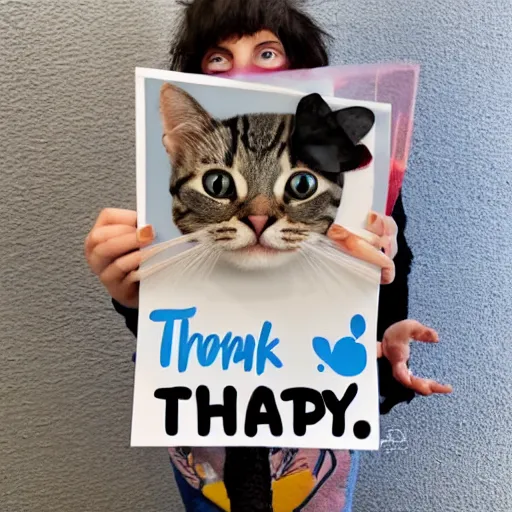 Prompt: a cute kitty holding a thank you sign